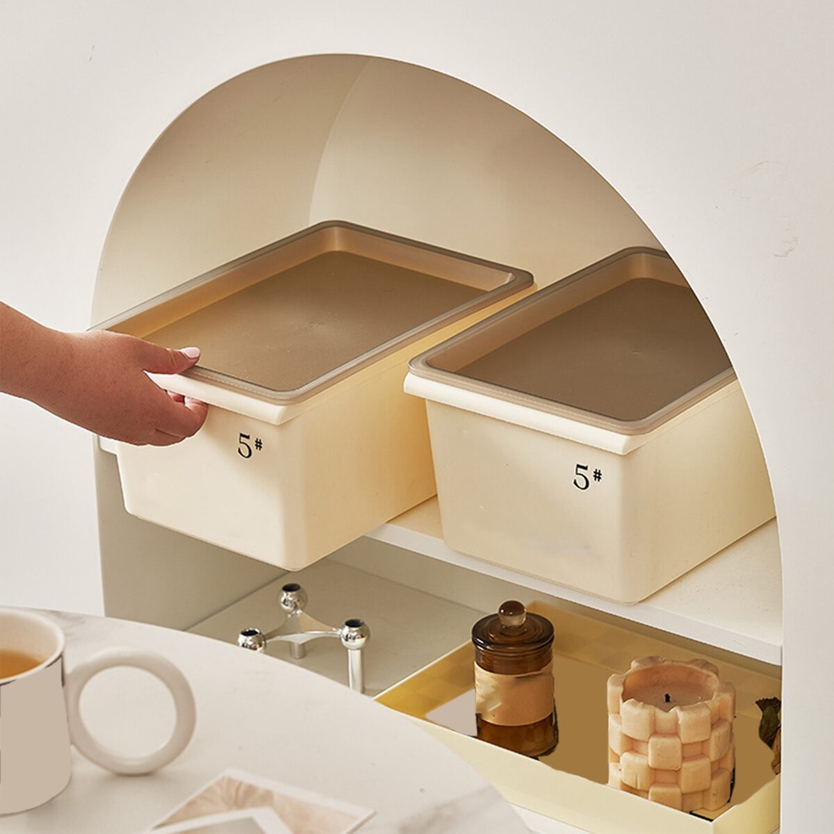 Storage Bin Plastic Box With Lid Stackable Cream Style Ample Capacity Grooved Bottom Storage Basket For Closet Bedroom 5L