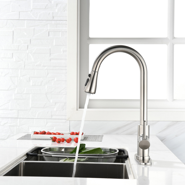 Single Handle High Arc Pull Out Kitchen Faucet; Single Level Stainless Steel Kitchen Sink Faucets with Pull Down Sprayer