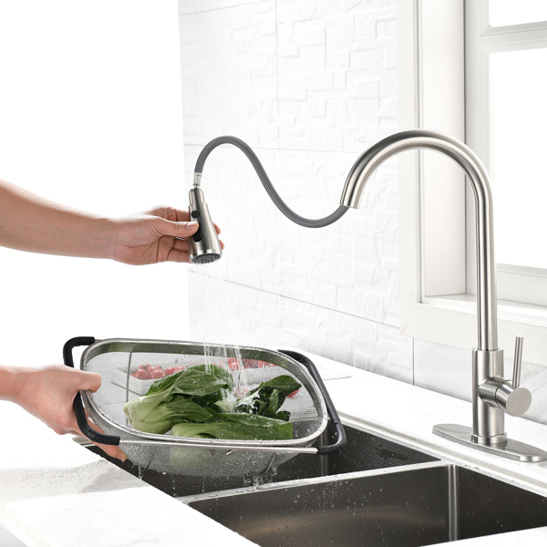 Single Handle High Arc Pull Out Kitchen Faucet; Single Level Stainless Steel Kitchen Sink Faucets with Pull Down Sprayer