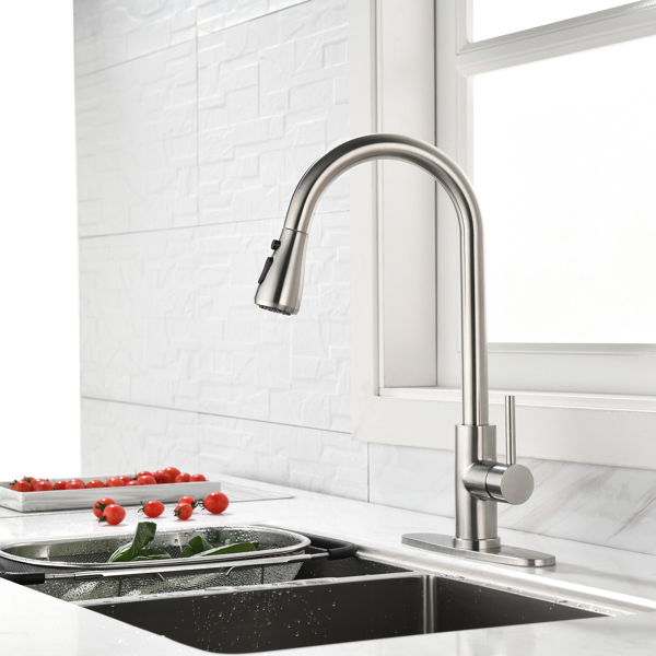 Single Handle High Arc Pull Out Kitchen Faucet; Single Level Stainless Steel Kitchen Sink Faucets with Pull Down Sprayer