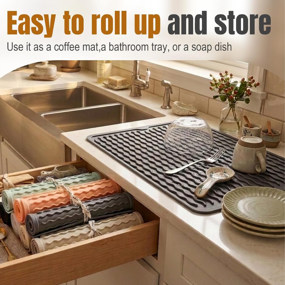 2 Pack Silicone Dish Drying Mat For Kitchen Counter Multiple Usage For Baking Cooking Placemats ShowerOrganizer Office Apartment Coffee Accessories Woman