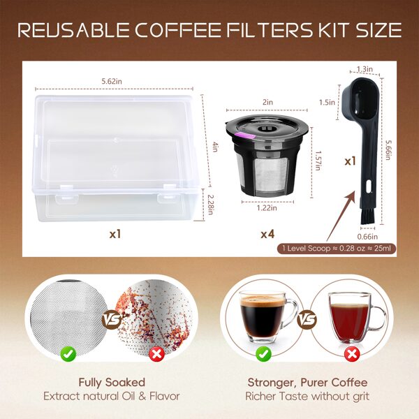 Coffee Prep Kit, 4-Pack Reusable Coffee Filters With 2-in-1 Scoop Brush & Case, Refillable Single Serve Pods, Fits Keurig Non-eBay-Certified Warehouse