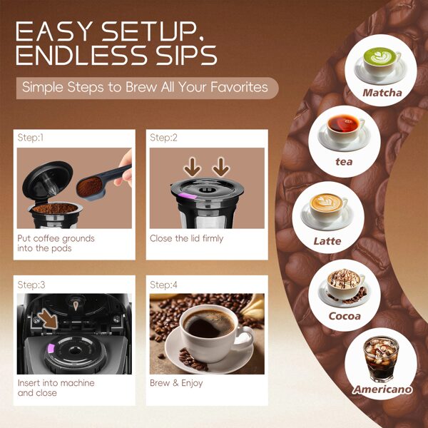 Coffee Prep Kit, 4-Pack Reusable Coffee Filters With 2-in-1 Scoop Brush & Case, Refillable Single Serve Pods, Fits Keurig Non-eBay-Certified Warehouse