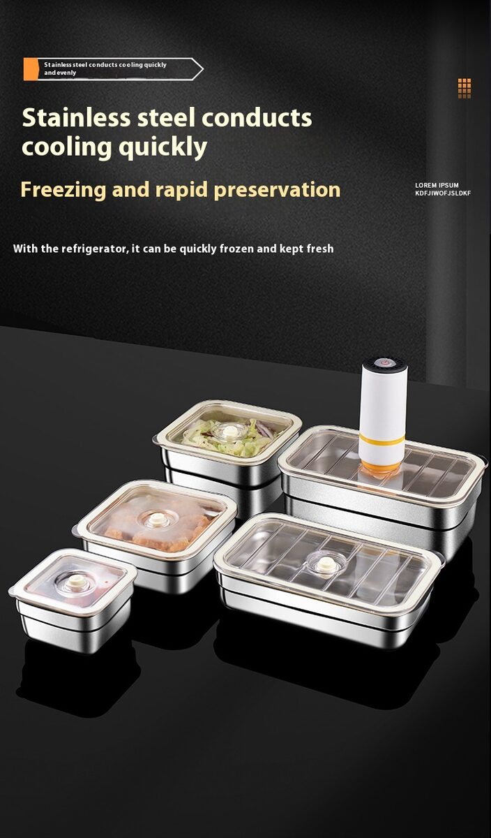Stainless Steel Square Storage Box Refrigerator Quick-frozen Storage Box Lunch Box Bento Box Sealed Vacuum Crisper