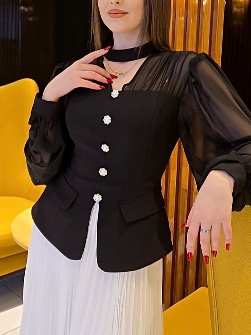 Pleated Suit Button Mesh Stitching Long Dress Gift Set