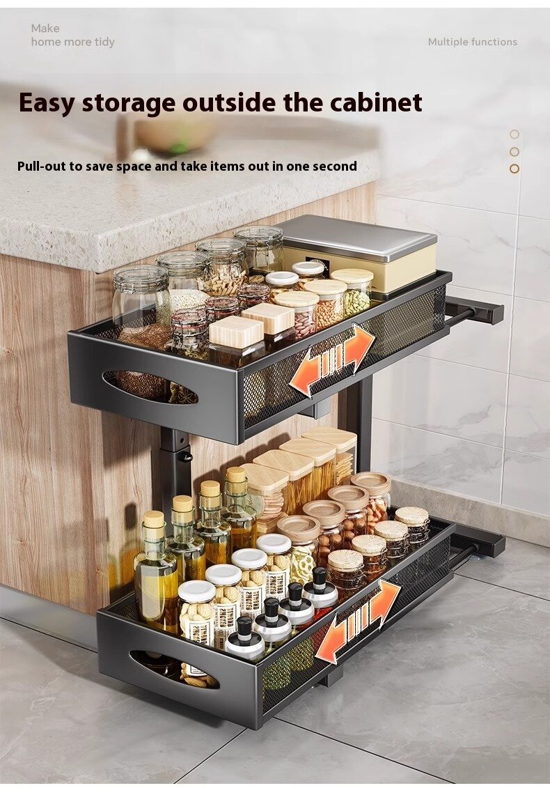 Pull-out Double-layer Lath Drawer Kitchen Cabinet Spice Jar Pull-out Basket Retractable Storage Rack