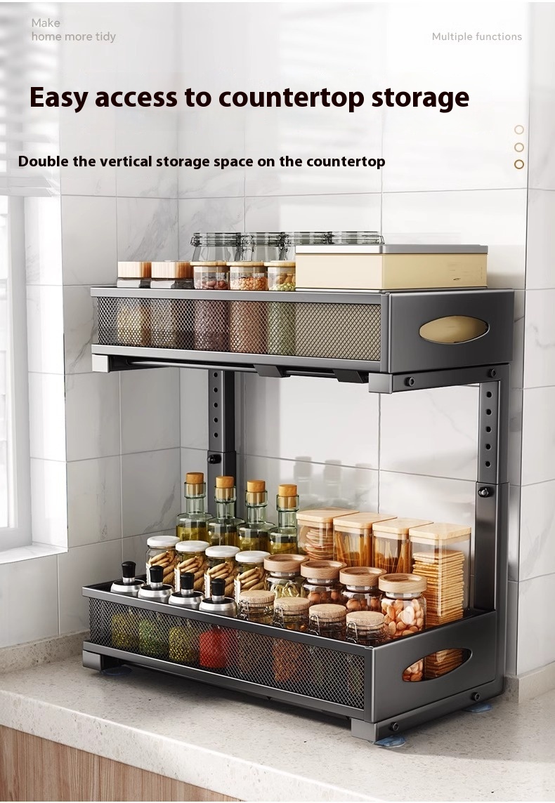 Pull-out Double-layer Lath Drawer Kitchen Cabinet Spice Jar Pull-out Basket Retractable Storage Rack