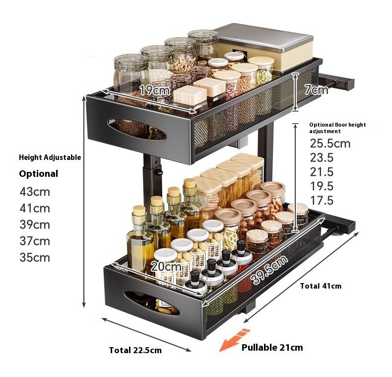 Pull-out Double-layer Lath Drawer Kitchen Cabinet Spice Jar Pull-out Basket Retractable Storage Rack